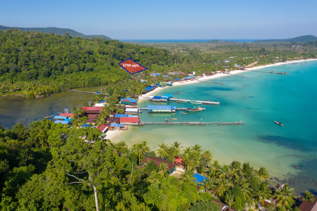 the land, aerial shooting, white sand beach, piers, mountain, bay, Sok San Beach, hotels, houses, resorts, shops