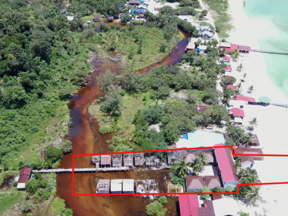 aerial shooting of hotel property beach resort for rent in Sok San Beach in Koh Rong in Cambodia