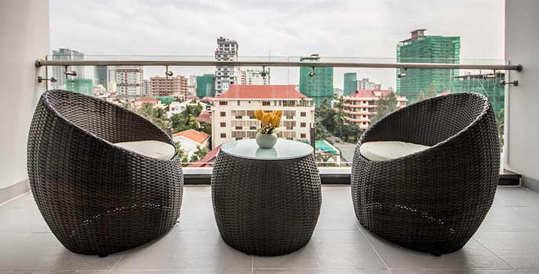 the balcony of the 1-bedroom luxury serviced apartment at BKK1 in Phnom Penh Cambodia