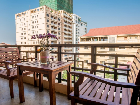 a view from the balcony of the 1-bedroom luxury serviced apartment for rent in BKK1 Phnom Penh Cambodia
