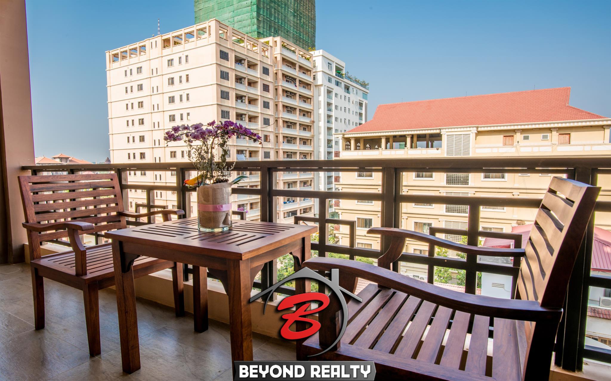 a view from the balcony of the 1-bedroom luxury serviced apartment for rent in BKK1 Phnom Penh Cambodia