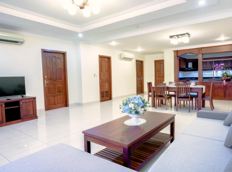 the living room of the 1-bedroom luxury serviced apartment for rent in BKK1 Phnom Penh Cambodia