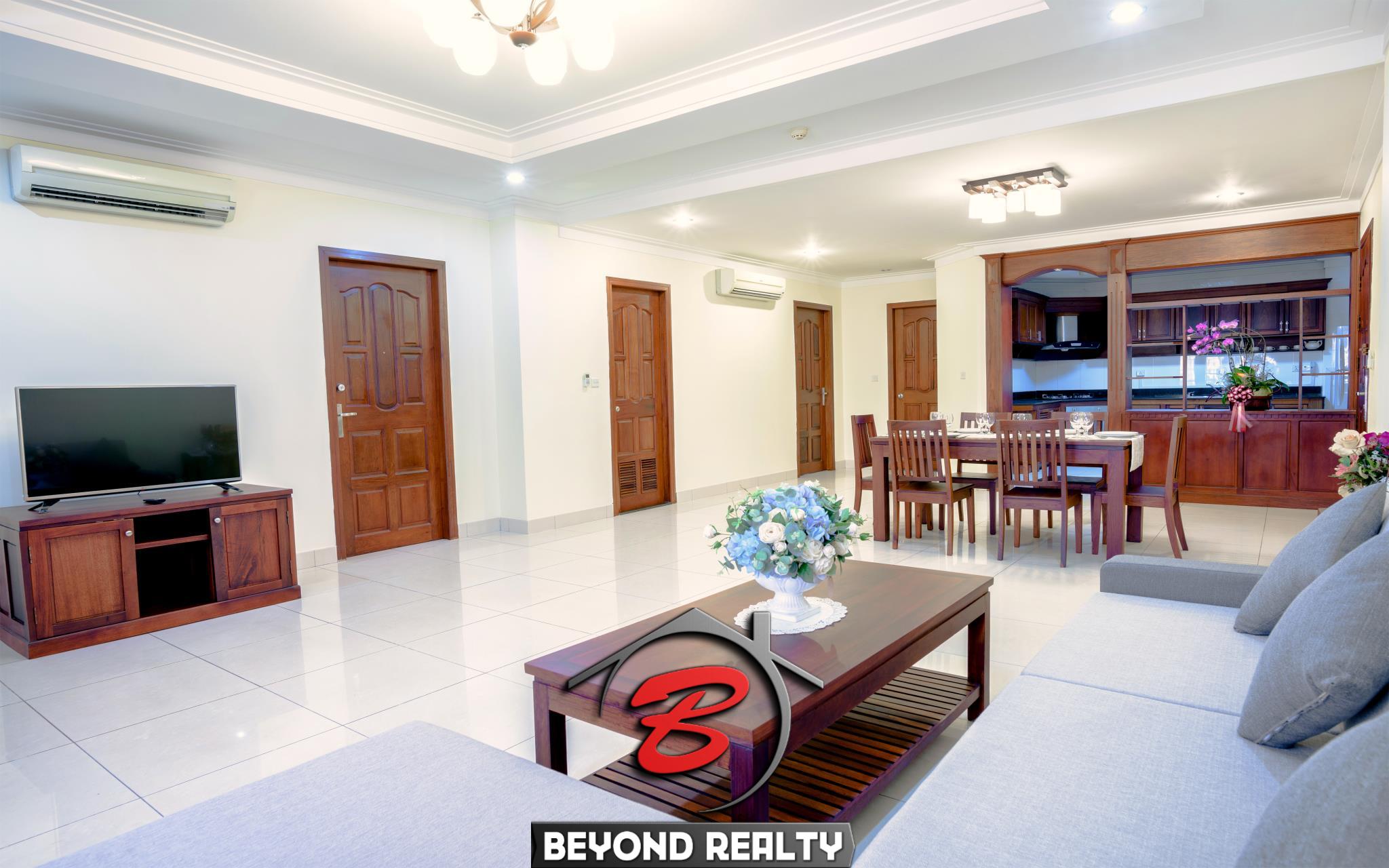 the living room of the 1-bedroom luxury serviced apartment for rent in BKK1 Phnom Penh Cambodia