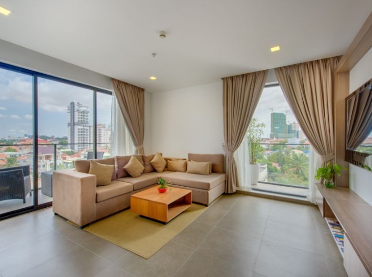 the living room of the 1-bedroom luxury serviced apartment for rent in BKK1 in Phnom Penh