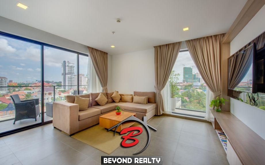 the living room of the 1-bedroom luxury serviced apartment for rent in BKK1 in Phnom Penh