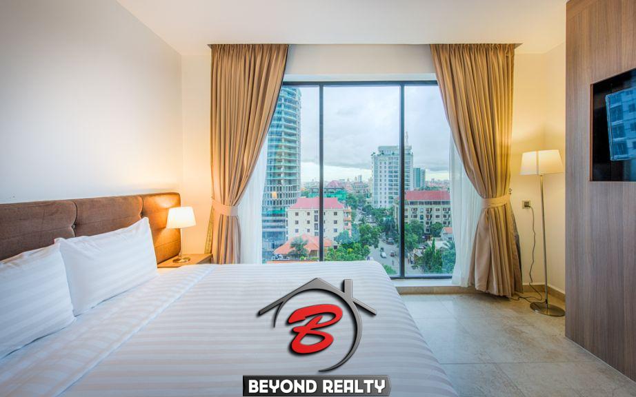 the bedroom of the 1-bedroom luxury serviced apartment for rent in BKK1 in Phnom Penh