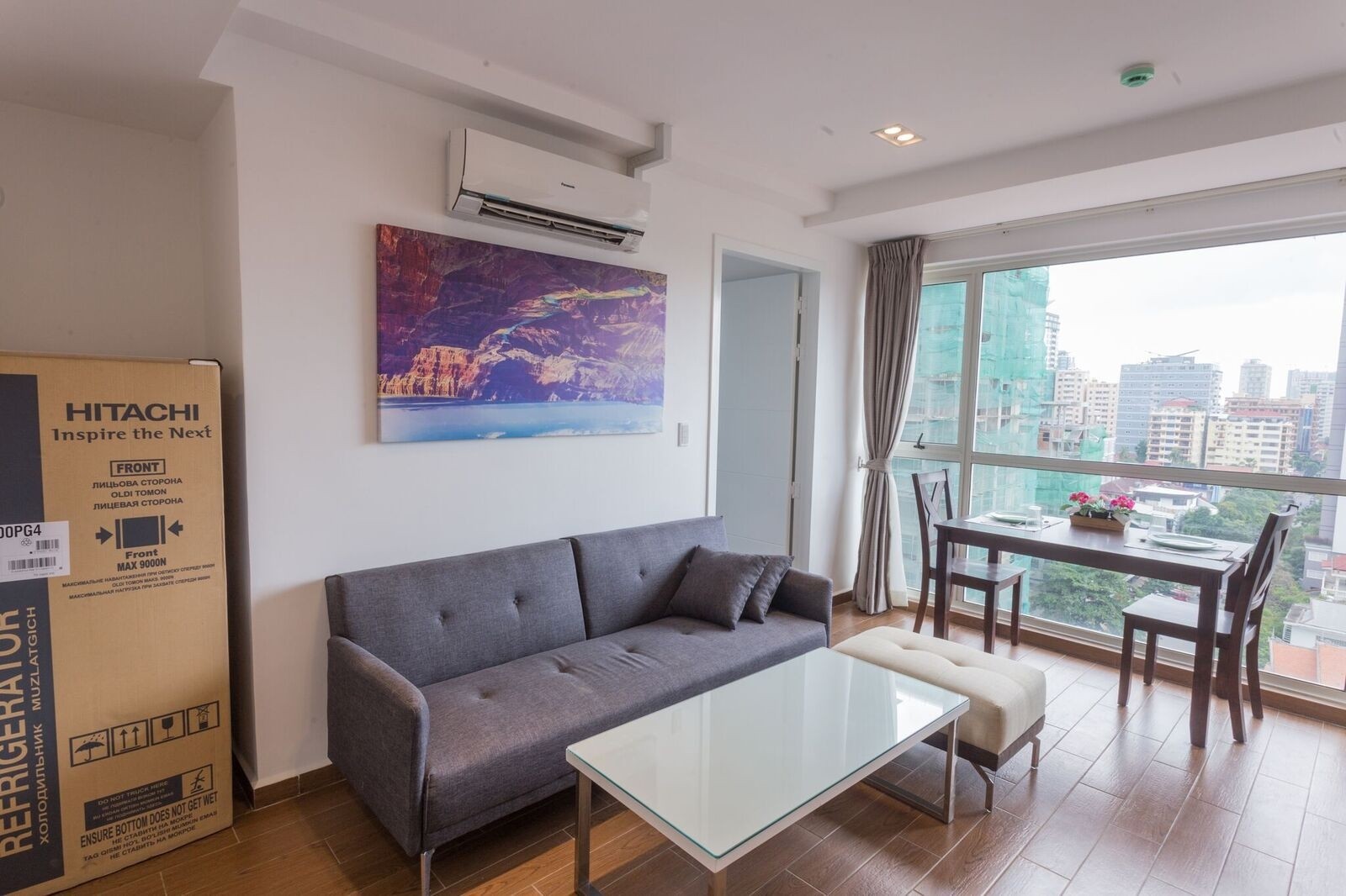 the living room of the 1-bedroom serviced apartment for rent in BKK1 in Phnom Penh