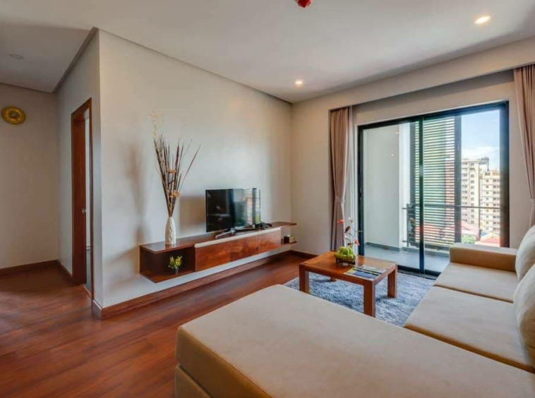 the living room of the 1-bedroom spacious luxury serviced apartment for rent in Phnom Penh Cambodia