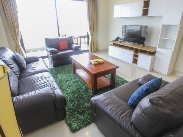 the living room of the 1-bedroom luxury spacious serviced apartment for rent in BKK1 in Phnom Penh in Cambodia