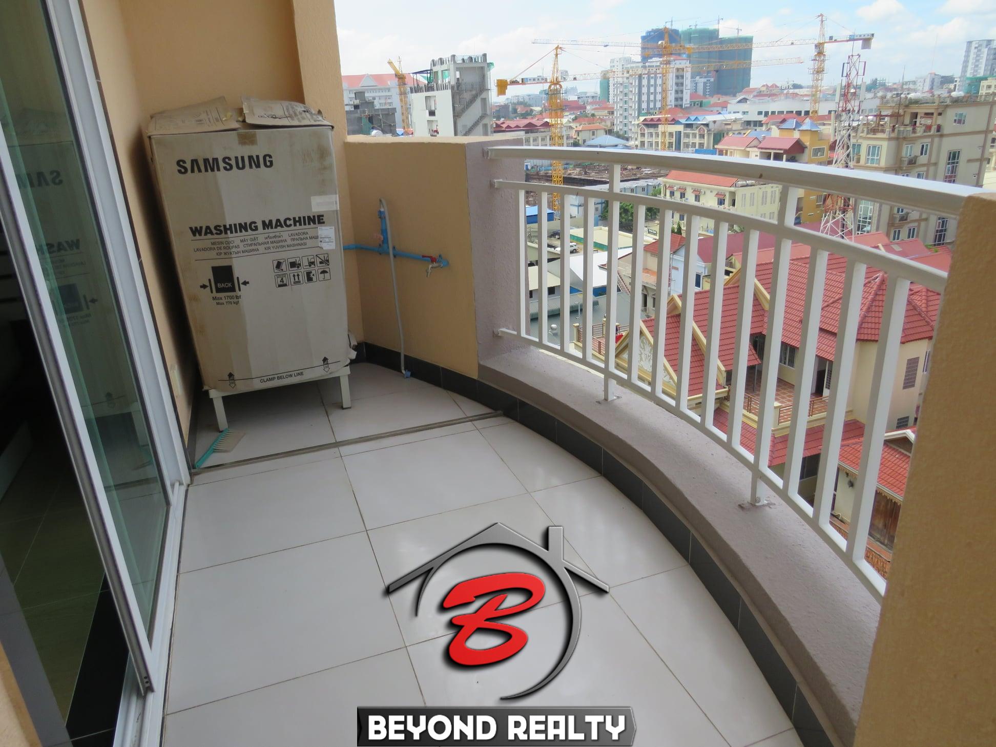 the balcony of the well designed serviced condo for rent in TTP in Phnom Penh