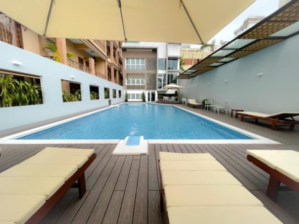 the swimming pool of the 1-bedroom luxury serviced apartment for rent in BKK1 Phnom Penh Cambodia