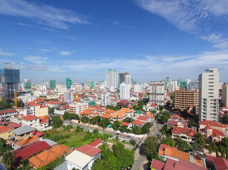 the view from the terrace of the apartment in which 1-bedroom luxury spacious serviced apartment for rent in BKK1 in Phnom Penh in Cambodia is located