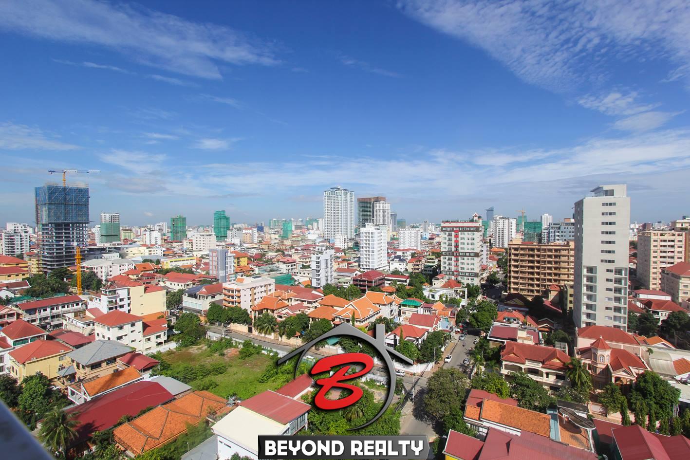 the view from the terrace of the apartment in which 1-bedroom luxury spacious serviced apartment for rent in BKK1 in Phnom Penh in Cambodia is located