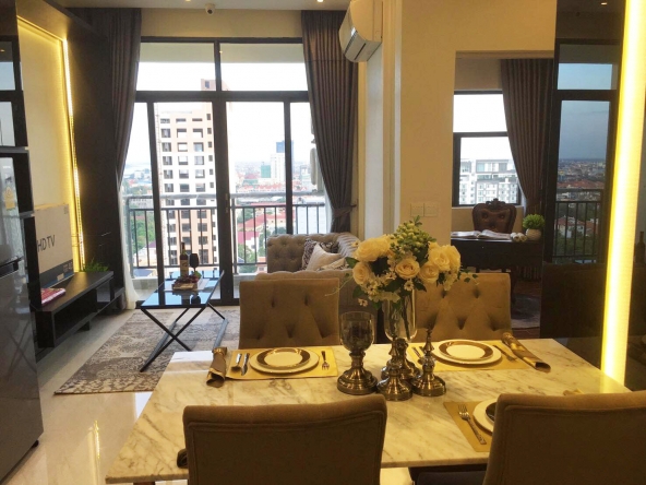 the living room of the luxury serviced 1-bedroom apartment for rent in BKK1 in Phnom Penh Cambodia
