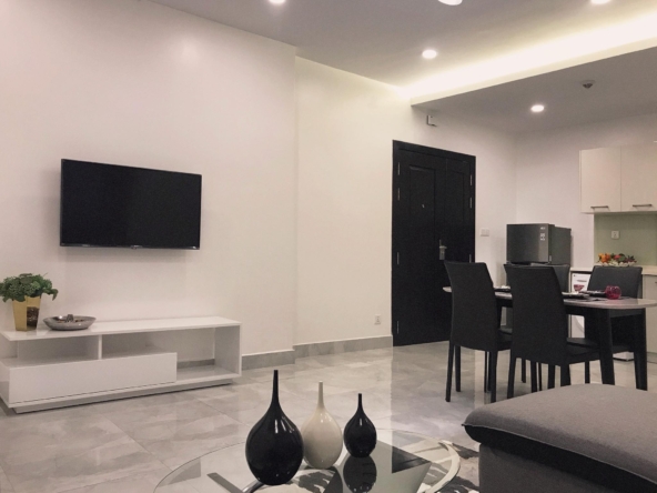 the living room of the 1br luxury serviced condo for rent in Sangkat Srah Chak in Daun Penh in Phnom Penh Cambodia