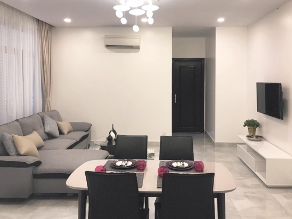the living room of the 1br luxury serviced condo for rent in Sangkat Srah Chak in Daun Penh in Phnom Penh Cambodia