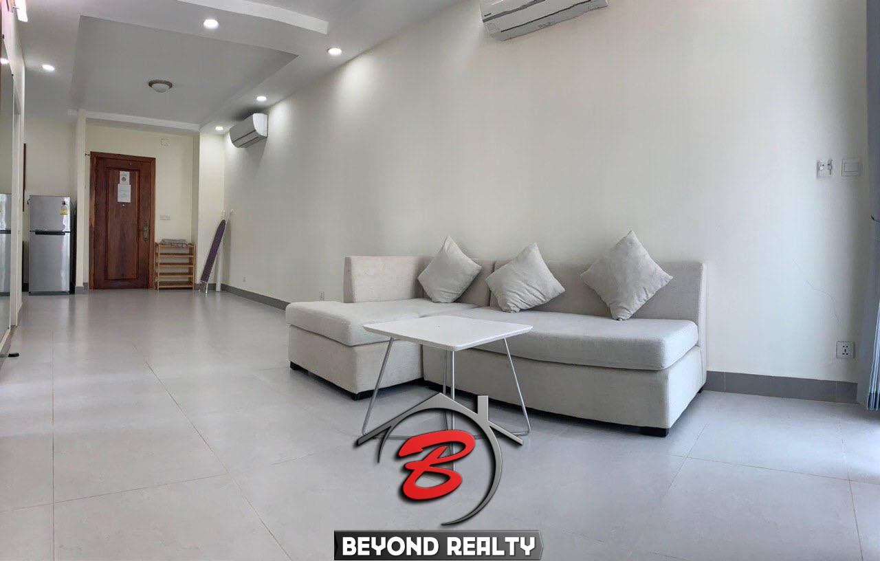 the living room of the 1br serviced apartment for rent in Boeung Trabek in Chamkar Mon Phnom Penh Cambodia