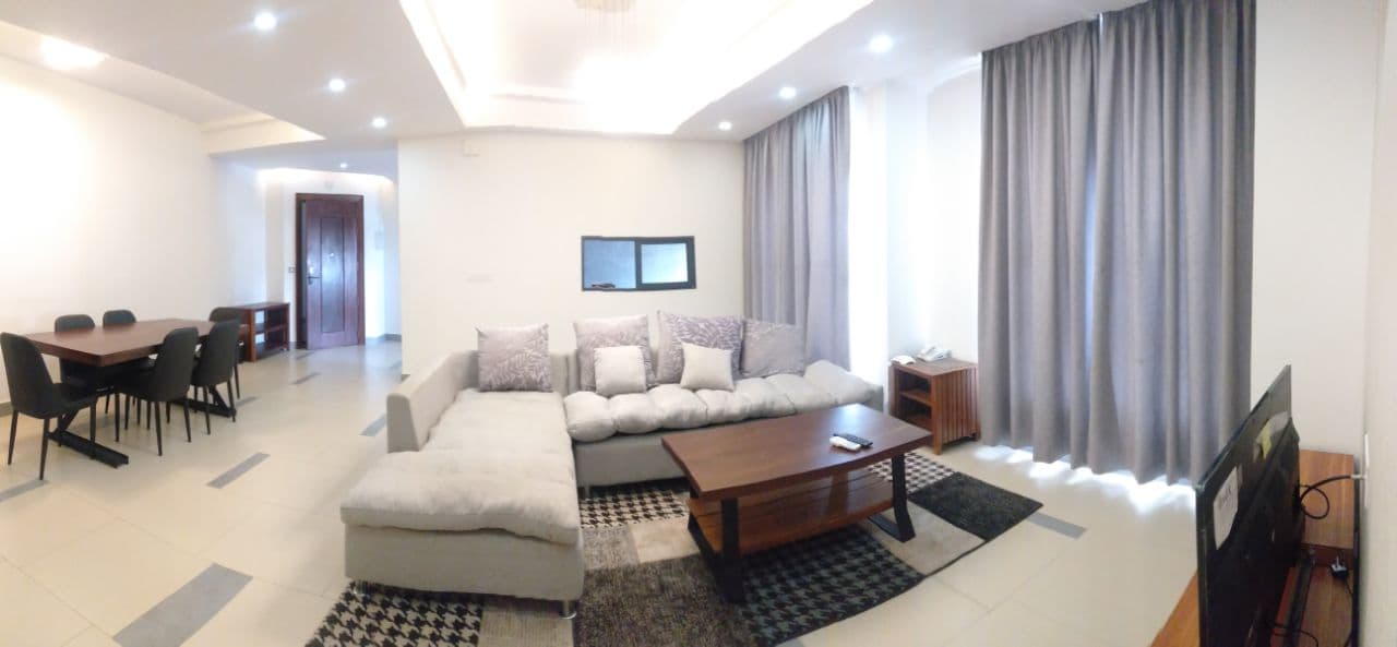 the living room of the 2-bedroom luxury serviced apartment for rent in BKK1 in Phnom Penh Cambodia