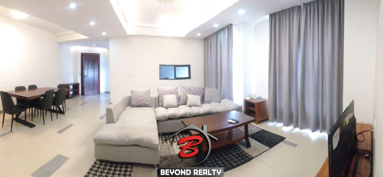 the living room of the 2-bedroom luxury serviced apartment for rent in BKK1 in Phnom Penh Cambodia