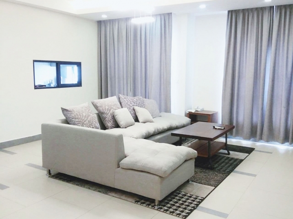 the living room of the 2-bedroom luxury serviced apartment for rent in BKK1 in Phnom Penh Cambodia