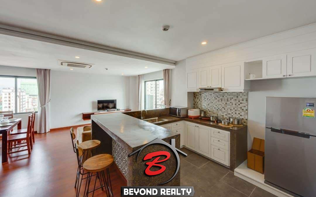 the kitchen of the 2-bedroom spacious beautiful serviced apartment for rent in BKK1 Phnom Penh Cambodia