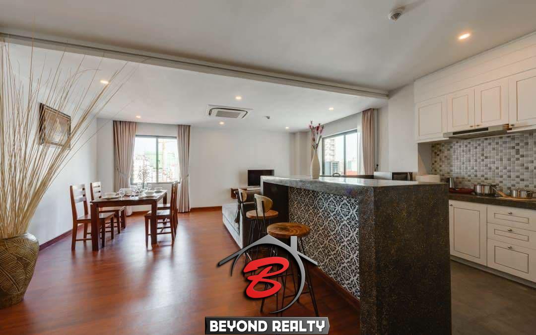 the living room of the 2-bedroom spacious beautiful serviced apartment for rent in BKK1 Phnom Penh Cambodia