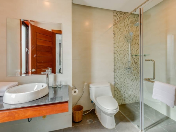 a bathroom of the 2-bedroom spacious beautiful serviced apartment for rent in BKK1 Phnom Penh Cambodia