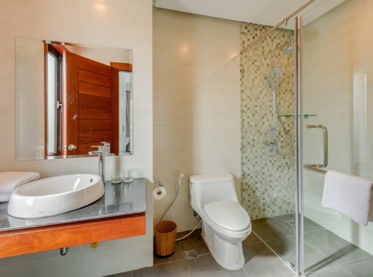 a bathroom of the 2-bedroom spacious beautiful serviced apartment for rent in BKK1 Phnom Penh Cambodia