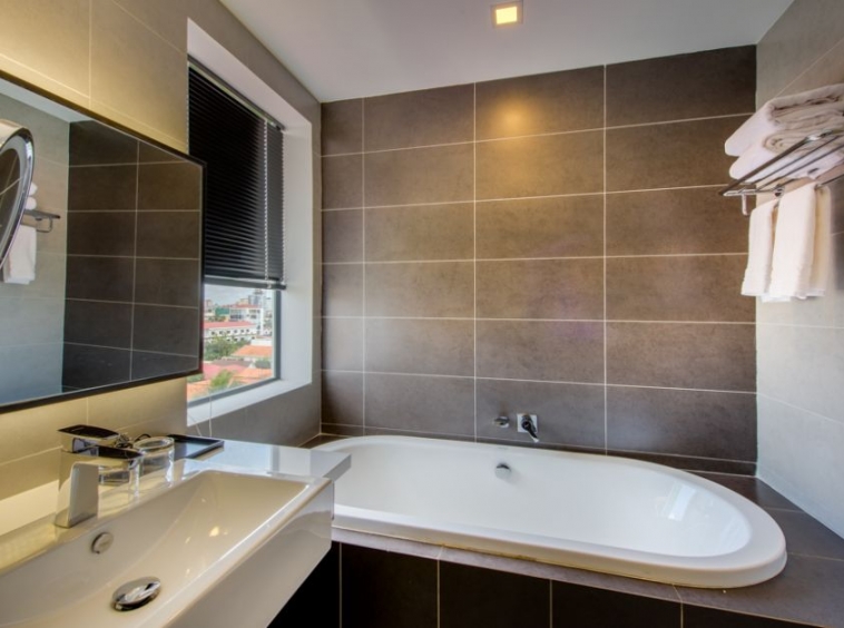 a bathroom of the 2-bedroom spacious luxury serviced apartment for rent in BKK1 in Phnom Penh Cambodia