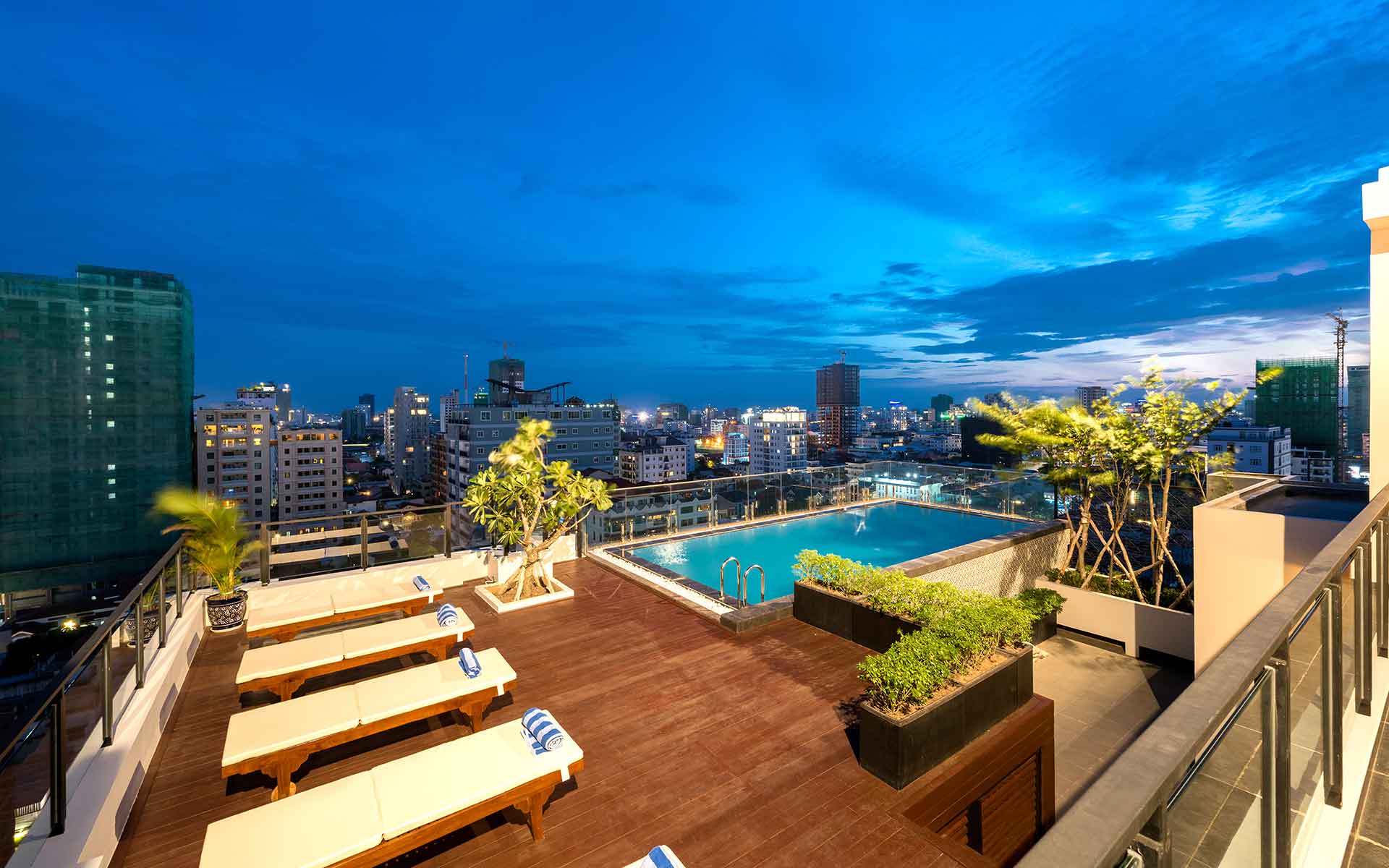 the swimming pool of the 1-bedroom duplex loft serviced apartment for rent in BKK1 in Phnom Penh Cambodia