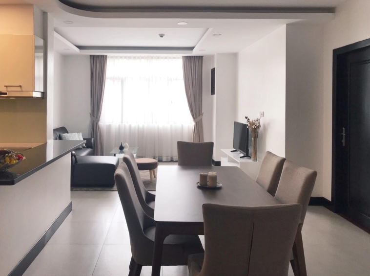 the living room of the 2br spacious luxury serviced condo for rent in Sangkat Srah Chak in Daun Penh in Phnom Penh Cambodia
