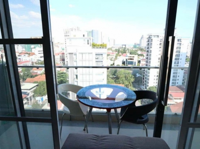 the balcony of the 3-bedroom luxury serviced apartment for rent in BKK1 in Phnom Penh Cambodia