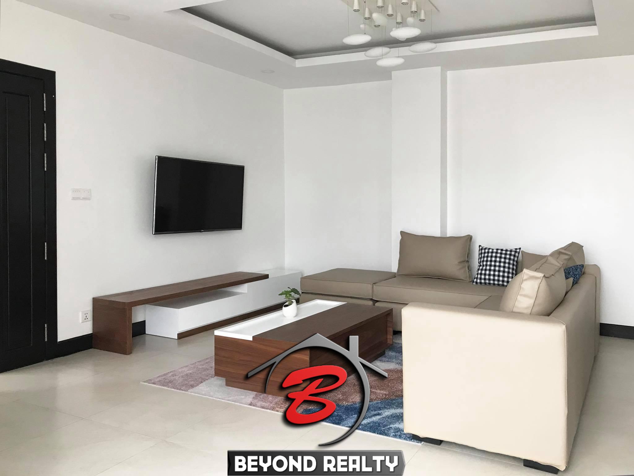 the living room of the 3br luxury serviced condo for rent in Sangkat Srah Chak in Daun Penh in Phnom Penh Cambodia