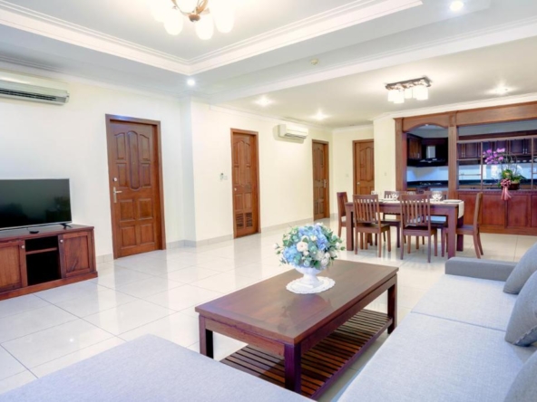the living room of the 3-bedroom luxury serviced apartment for rent in BKK1 Phnom Penh Cambodia