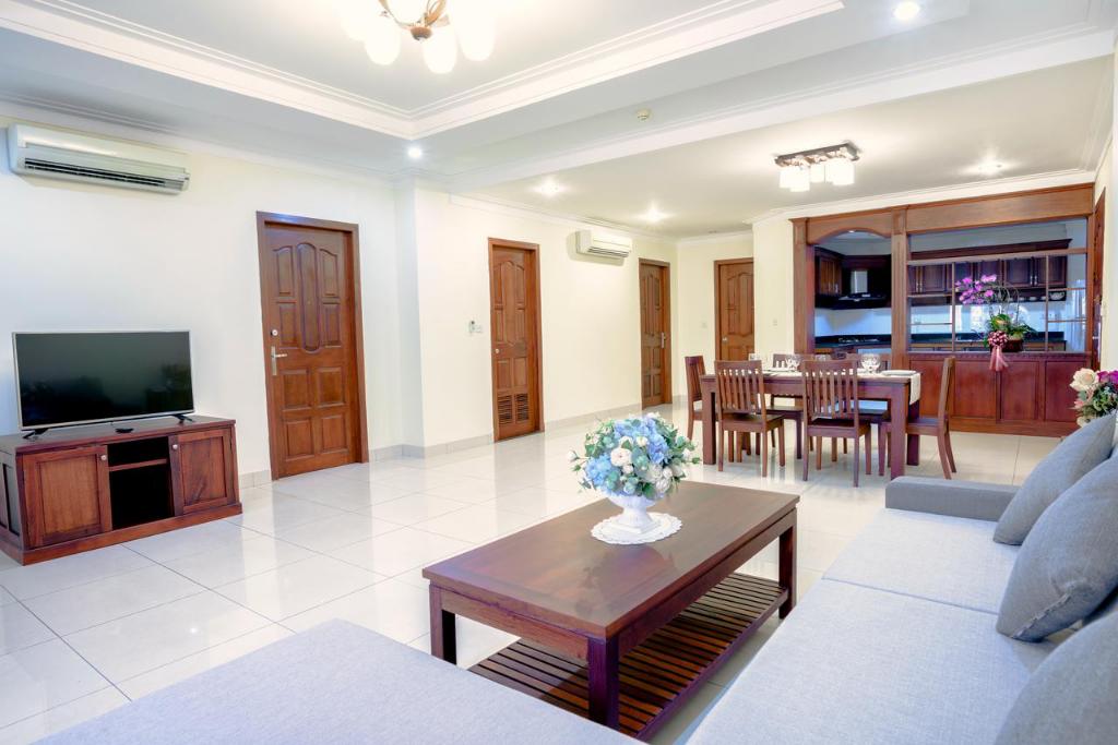 the living room of the 3-bedroom luxury serviced apartment for rent in BKK1 Phnom Penh Cambodia