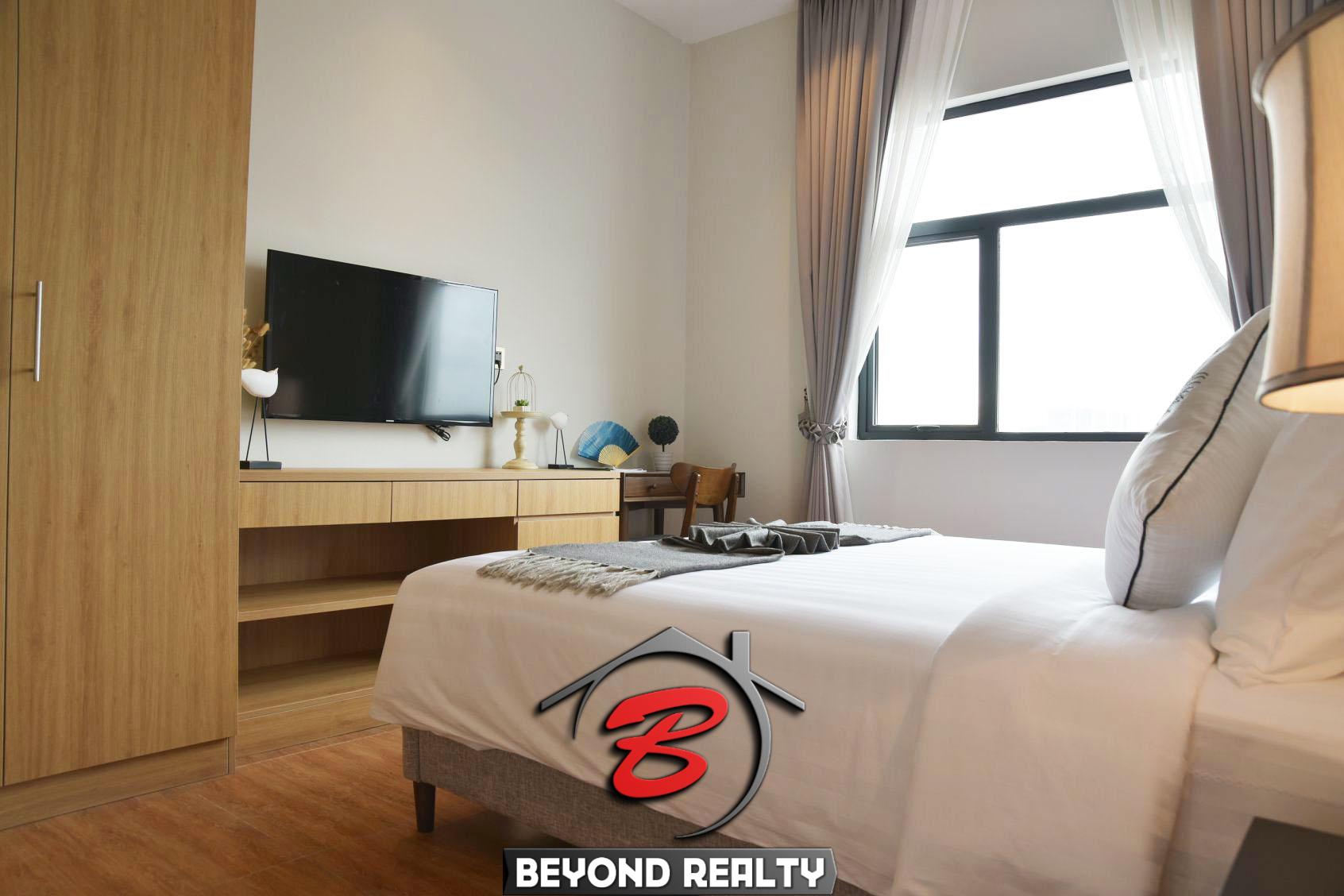 the bedroom of the luxury serviced studio apartment for rent in BKK1 in Phnom Penh Cambodia