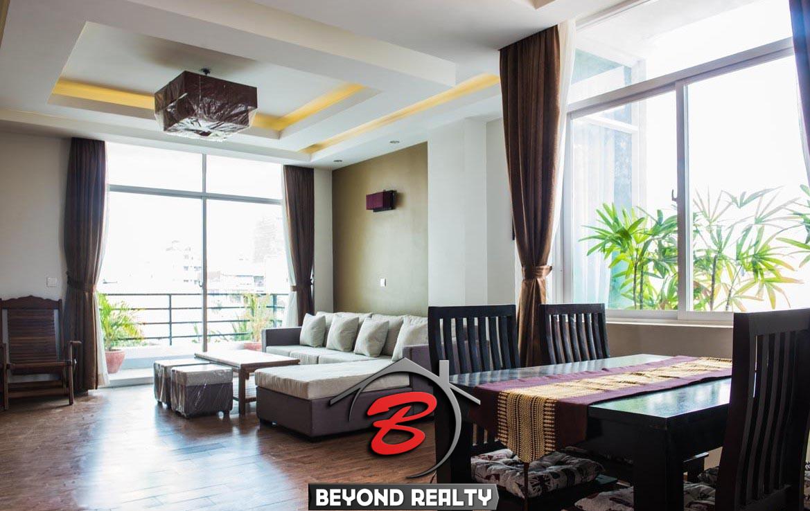 the living room of the 2-bedroom spacious luxury serviced apartment for rent in BKK1 in Phnom Penh Cambodia
