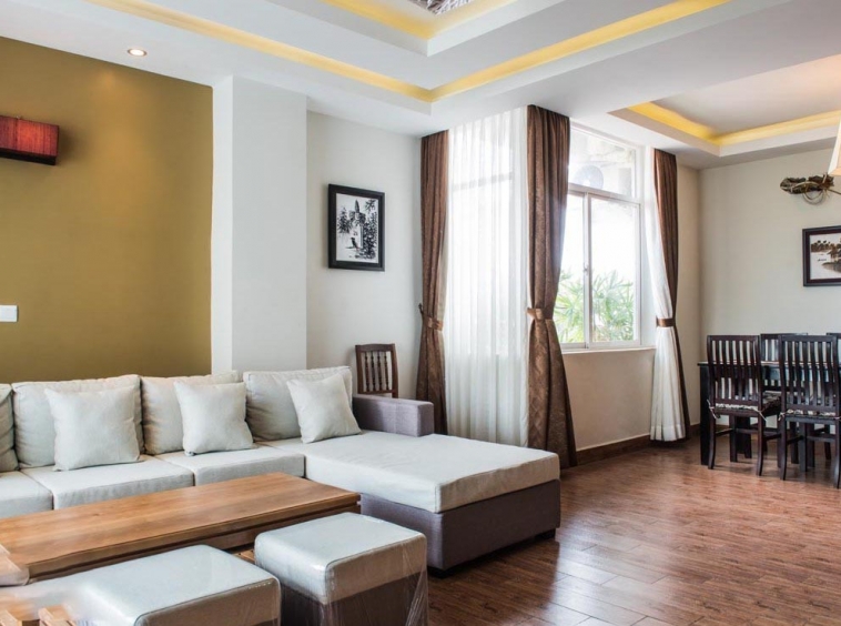 the living room of the 3-bedroom luxury spacious serviced apartment for rent in BKK1 in Phnom Penh Cambodia