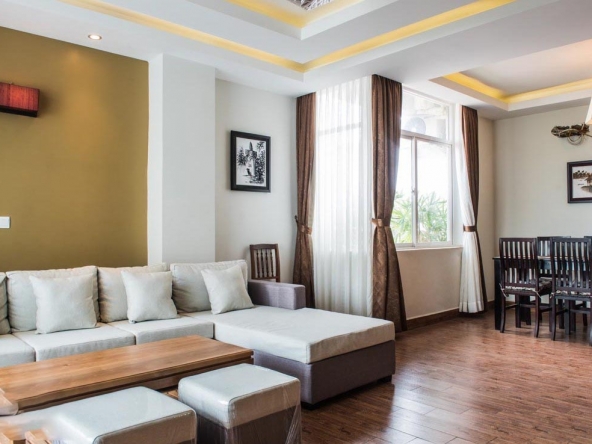 the living room of the 3-bedroom luxury spacious serviced apartment for rent in BKK1 in Phnom Penh Cambodia