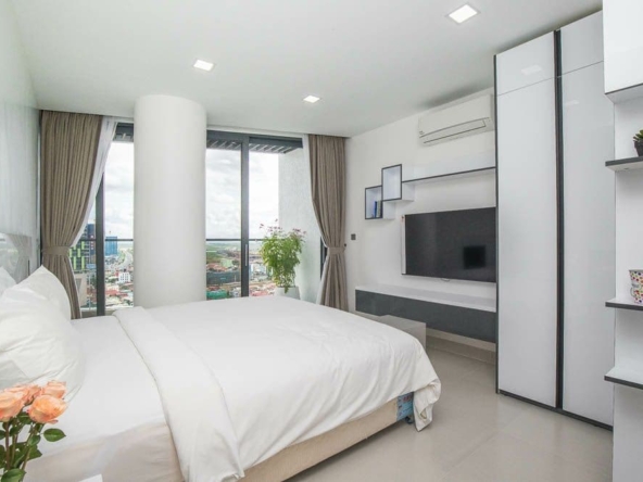 the bedroom of the 1-bedroom luxury serviced apartment at BKK1 in Phnom Penh Cambodia