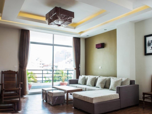 the living room of the 1-bedroom serviced apartment for rent in BKK1 in Phnom Penh Cambodia