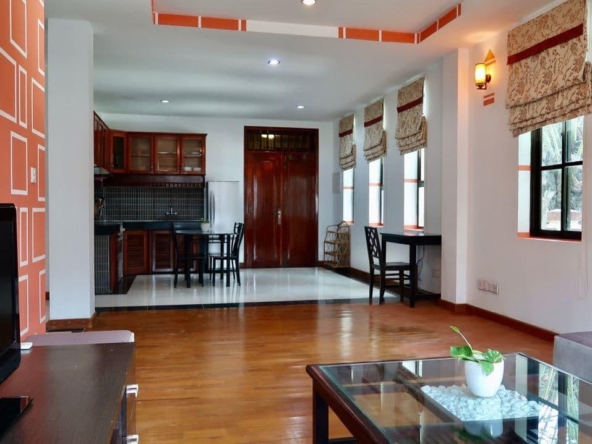 the living room and the kitchen of the 2-bedroom serviced apartment for rent near Wat Phnom in Daun penh in Phnom Penh Cambodia