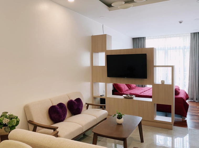 the living area of the studio apartment unit in the luxury serviced condo in Sangkat Srah Chak in Phnom Penh Cambodia