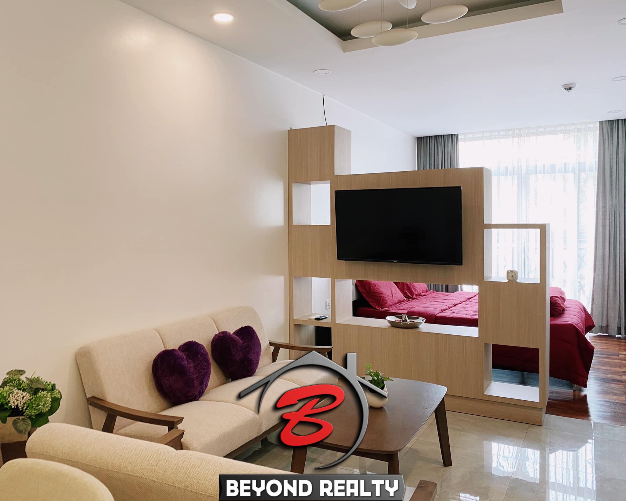 the living area of the studio apartment unit in the luxury serviced condo in Sangkat Srah Chak in Phnom Penh Cambodia