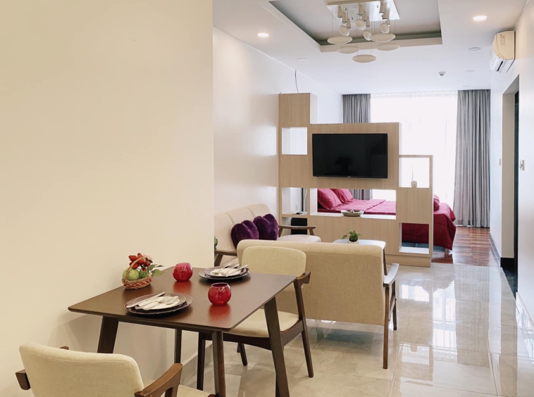 the living room of the studio apartment unit in the luxury serviced condo in Sangkat Srah Chak in Phnom Penh Cambodia