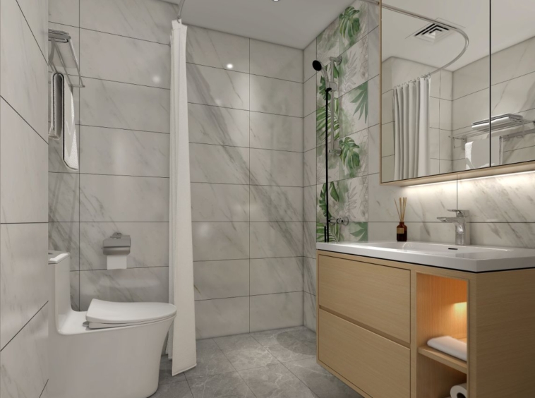 the bathroom of the studio condo for sale at Prince Huan Yu in Tonle Bassac Cambodia