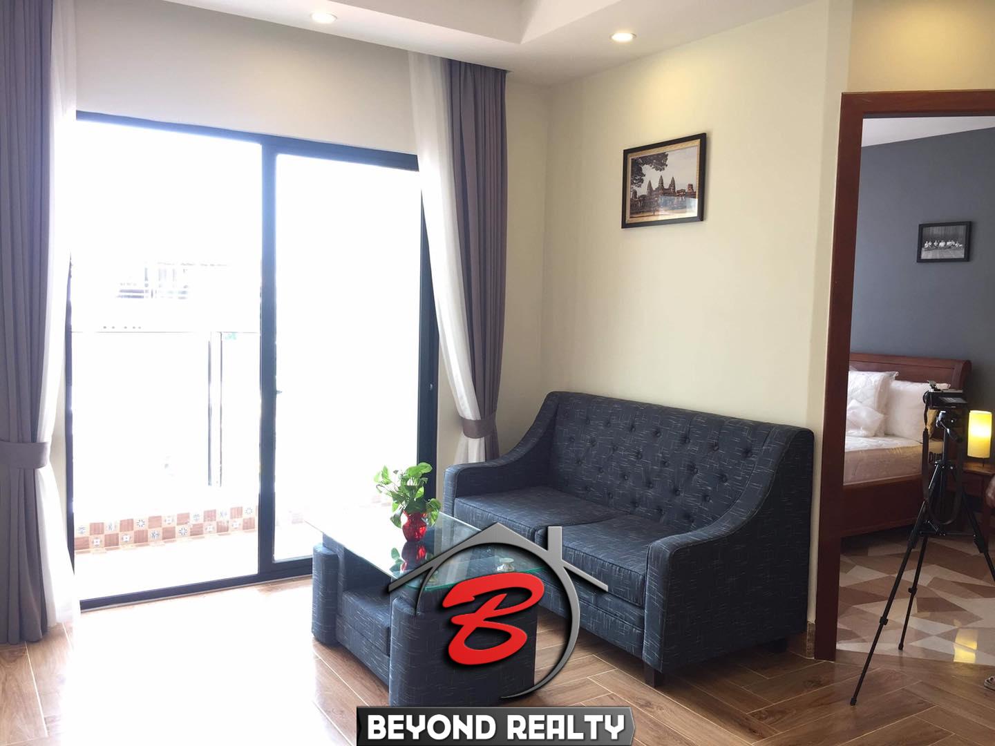 the living room of the 1-bedroom serviced apartment for rent in BKK3 in Phnom Penh Cambodia