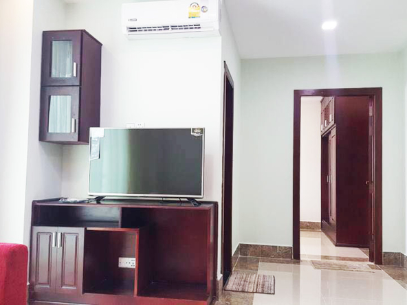 the living room of the 1br cozy serviced apartment for rent in BKK3 Phnom Penh Cambodia