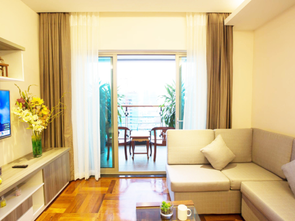 the living room of the 1br luxury serviced apartment for rent in BKK1 Phnom Penh Cambodia
