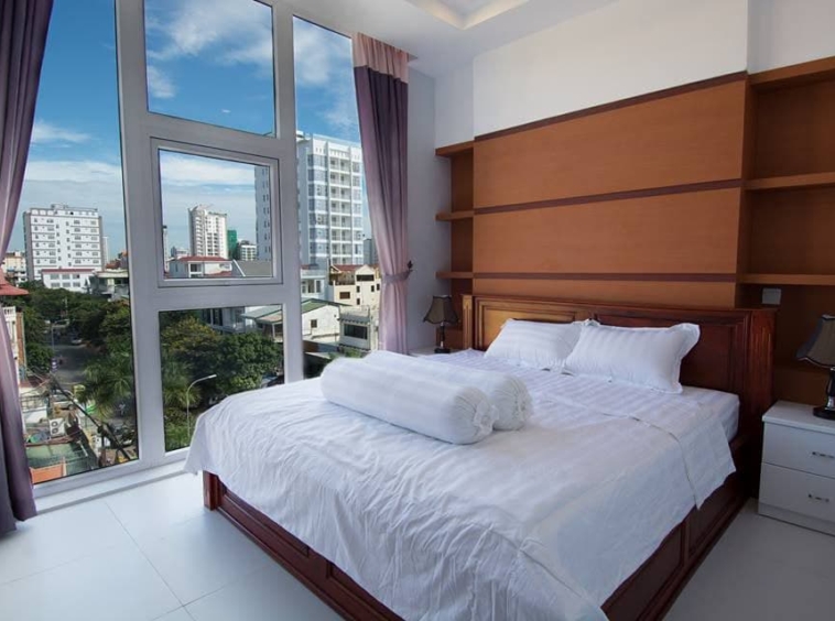the bedroom of the 1br serviced apartment for rent in Toul Tom Poung Russian Market Phnom Penh